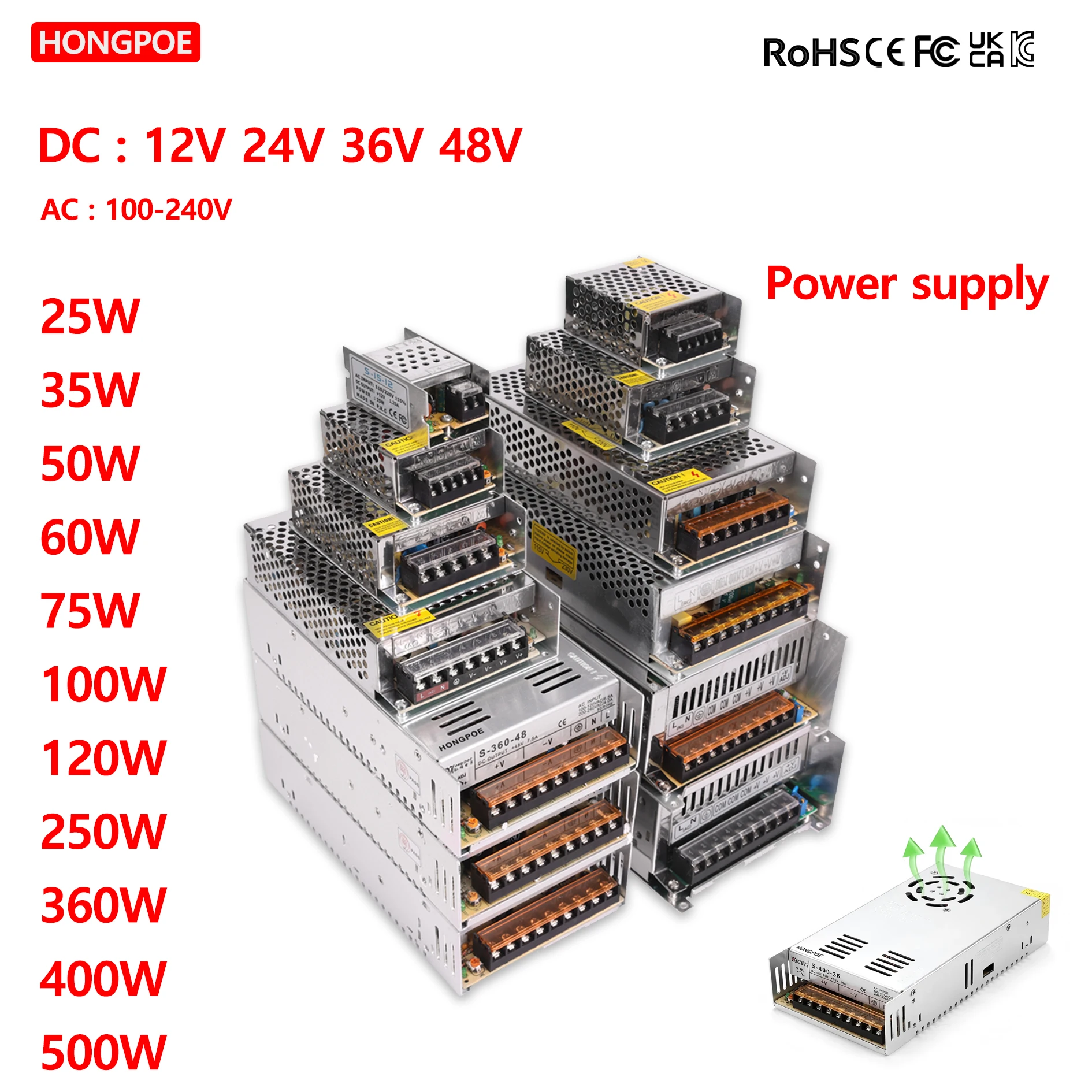Switching Power Supply Transformer AC 110V-240V to DC 12V 24V 36V 48V Power Adapter 25-500W SMPS for LED CCTV Motors 3D Printers