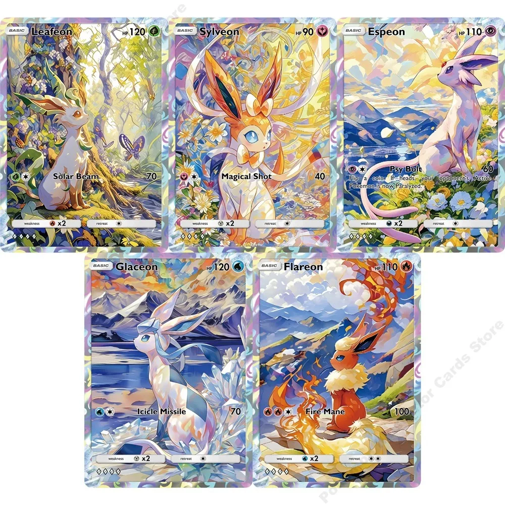 5-cartas-pokemon-espeon-sylveon-leafeon-glaceon-flareon-ptcg-cartas-raras-holo-criativas-para-colecao-de-anime-presente-pokemon