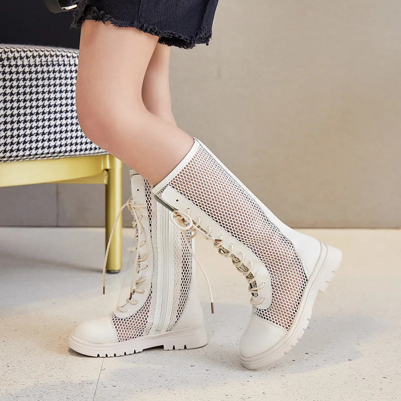 

Girls High Boots Summer Hollow 2023 Kids Fashion Europe and America Style Casual Breatheable Children Back Zipper Solid Color PU