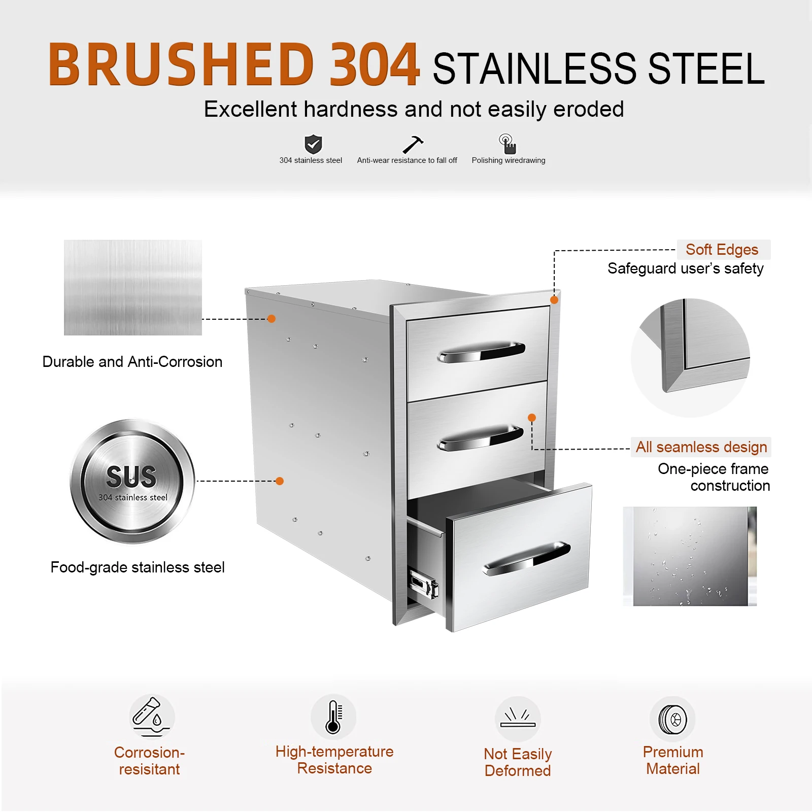 Outdoor Kitchen Single Drawer Stainless Steel BBQ Access Drawers with Handle for Outdoor Kitchen Island or Grill Station