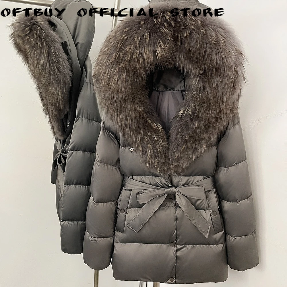 Women Winter Down Jacket Belted Waist Real Fur Coat Warm Duck Down Overcoat Hooded Occasion Winter Cold Climate Daily Outfit