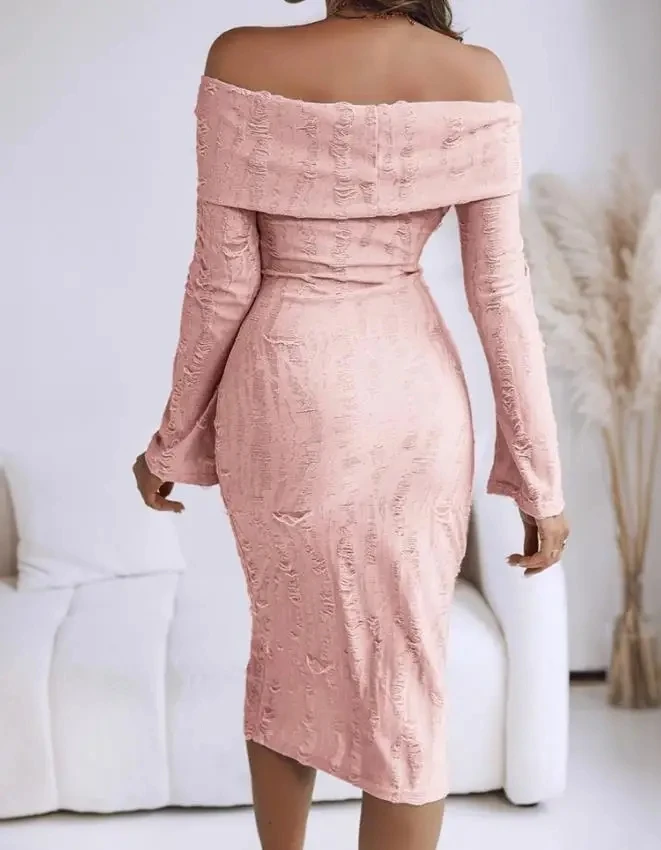 

Sexy Dresses Women Off Shoulder Long Sleeve Hollow Out Elegant Knit Dress Temperament Female Casual Slim Midi Sweater Dress