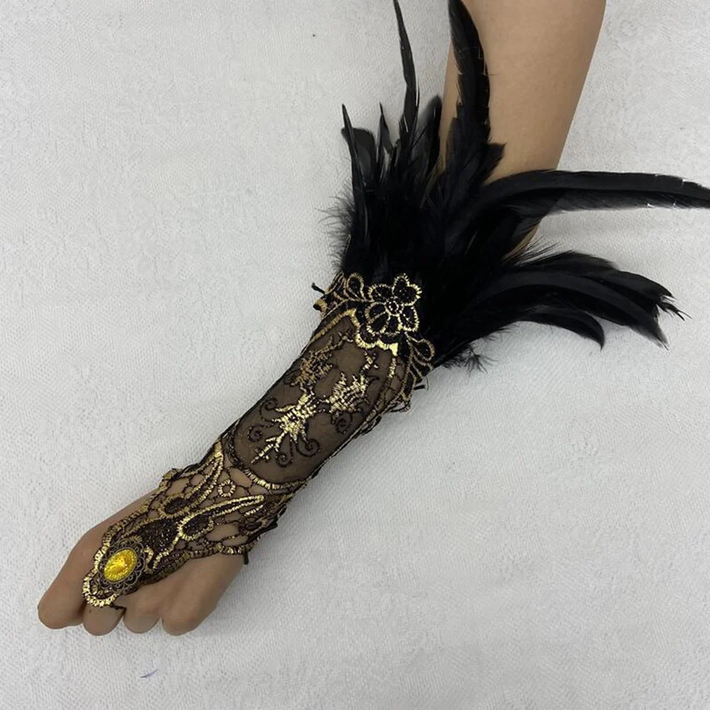 

Mesh Gloves Women Halloween Lolita Cosplay Y2k Feather Cuffs Fingerless Mittens Lace Black Long Rave Accessories Feather Dance