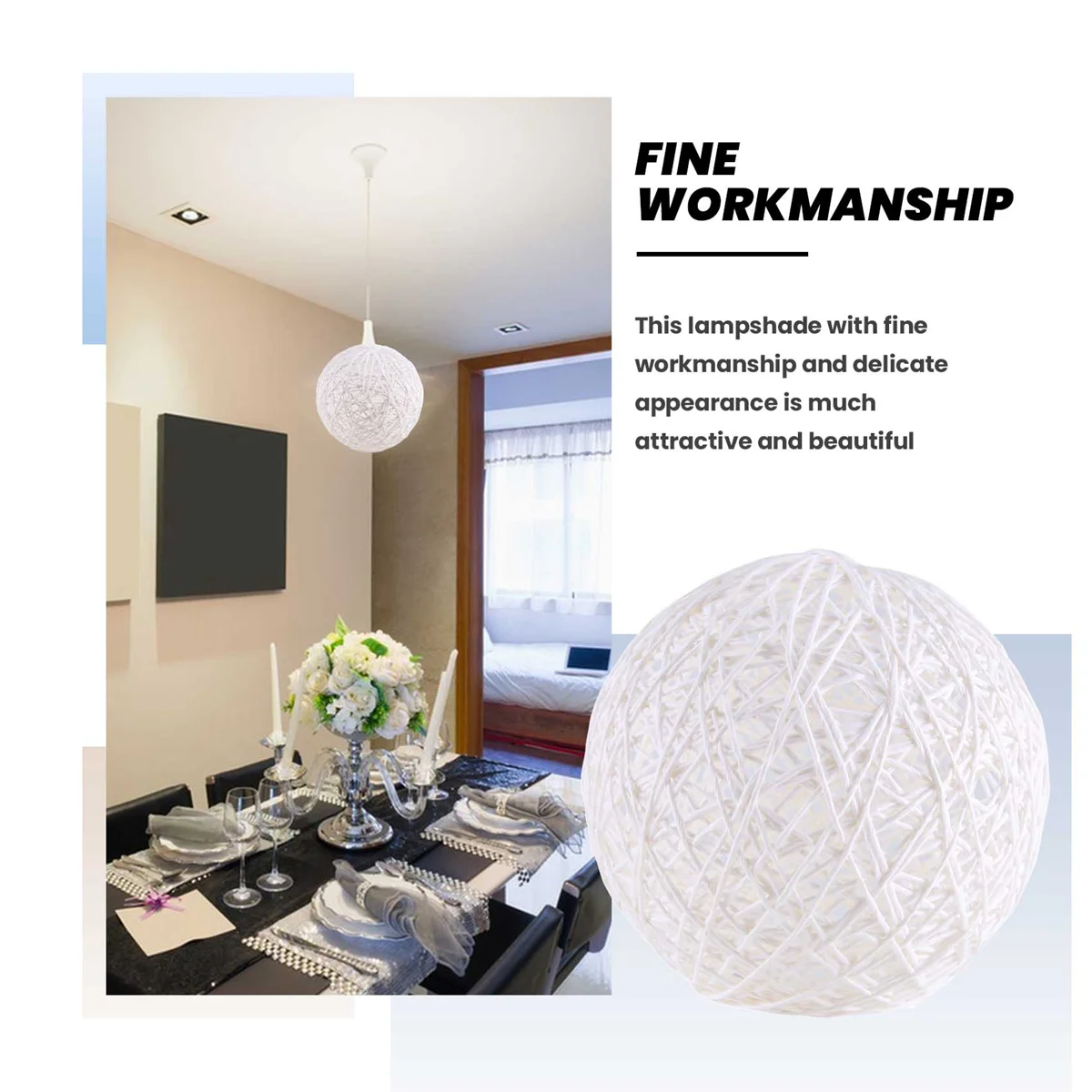 White Bamboo, Rattan And Jute Ball Chandelier Individual Creativity Spherical Rattan Nest LampshadeT98C