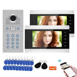 7 inchTuya WiFi Wired Video Intercom 2 LCD with Camera and Code Keypad/RFID Cards Access Control System Motion Detection Record