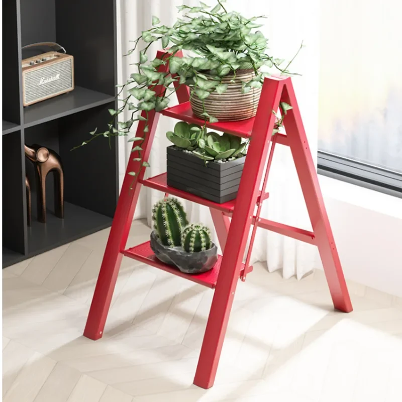 Vibrant Red Folding Aluminum Ladder Multi-Functional Kitchen Stool Flower Stand Home Utility Step Furniture