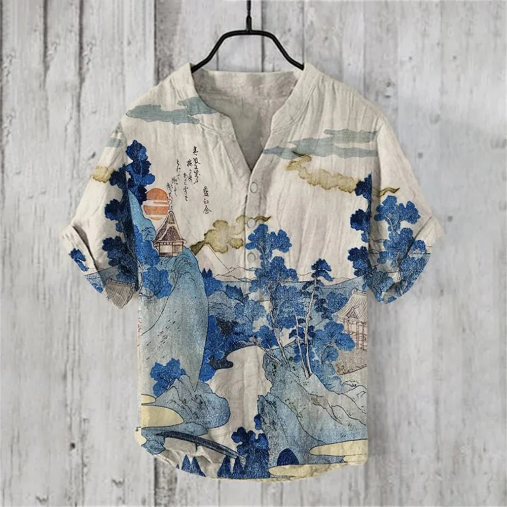 Men's Short Sleeve V-Neck Shirt Short Sleeve 3D Printed Linen Shirt Retro Fish Quality Comfortable Men's Breathable Quick Dry To