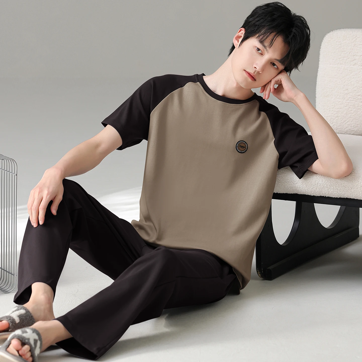 Summer Modal Men Sleepwear Short Tops+Long Pants 2Pcs Set Mens Pajamas Casual Soft Loose L-7XL Male Pyjamas