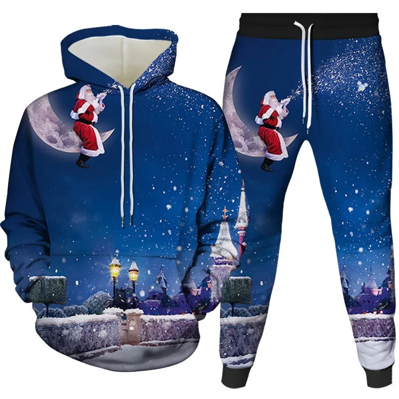 Men\'s Hoodie Sets 3D Printed Santa Claus Men Women Tracksuit Pants 2Pcs Suits Oversized Christmas New Year Party Couple Clothing