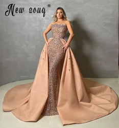 2024 Champagne Evening Dress With Detachable Train Elegant Full Stones Formal Prom Party Dress Strapless Robe de Mariée Custom