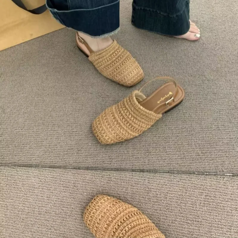 2025 Summer New Block Heel Shallow Mouth Straw Bao Tou Back Empty Sandals Women's Shoes One Strap Low Heel Shoes