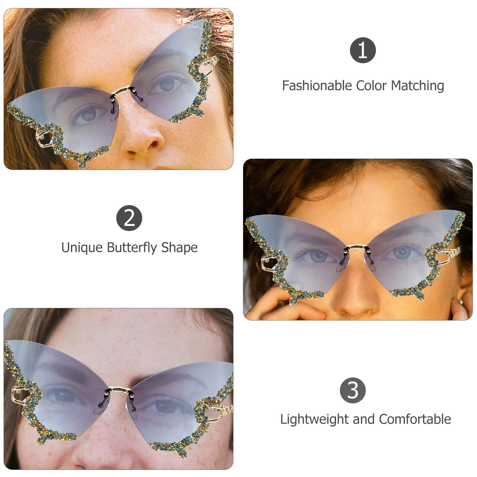 

Butterfly with Rhinestones Rimless Sunglasses for Women Grey Blue Party Accessories Cool Glasses Outdoor Women