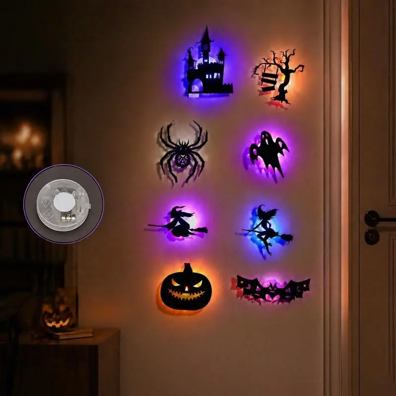 8Pcs Halloween 3D Hollow‑out Bat LED Wall Light Stickers PET Silhouette Luminous Wall Decor Haunted House Home Party Supplies
