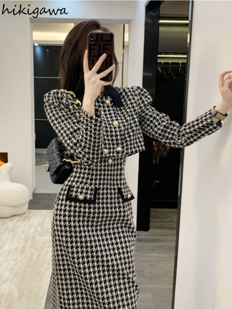 2024 Ropa Mujer Vintage 2 Piece Sets Women\'s Clothing Double Breasted Jackets Tops Tunic Sling Maxi Dress Suit Chic Plaid Set