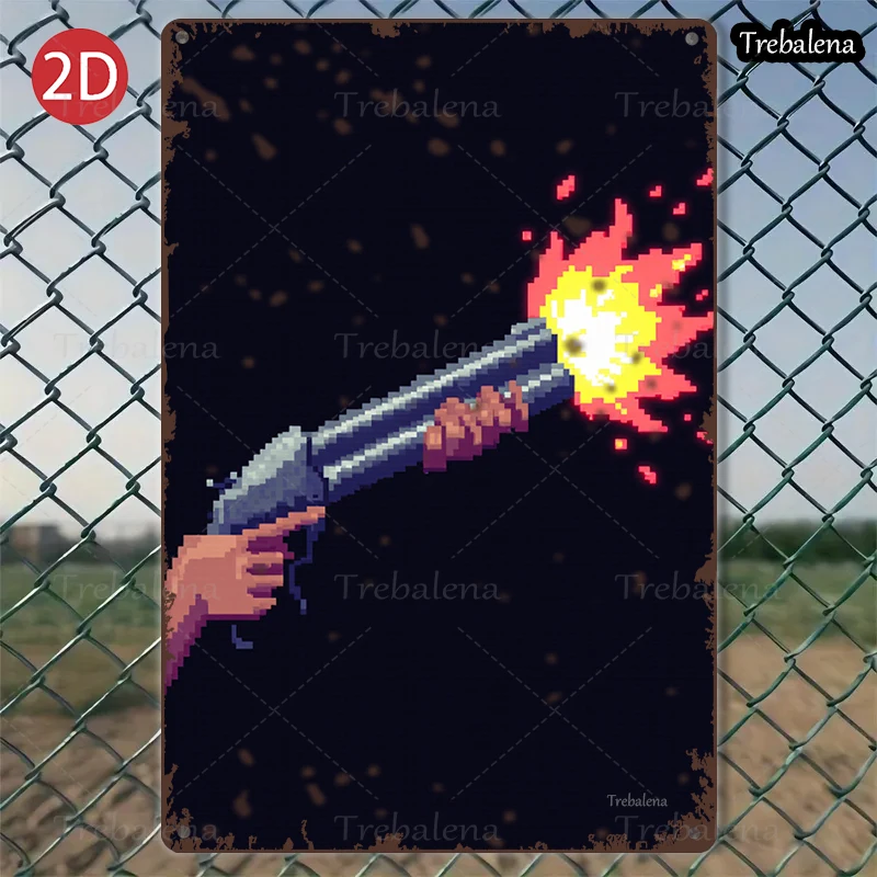 

1PC 2D Flat 8*12inch Metal Sign Retro Pixel Art Gun Fire Scene Metal Sign
