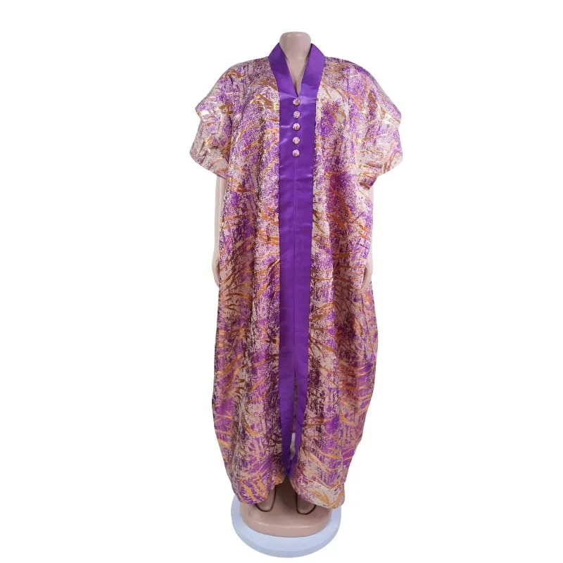 

African Women's Jacquard BuBu V-Neck Patchwork Kaftan Dress Long Loose Female Gown Traditional Church Clothing with Buttons