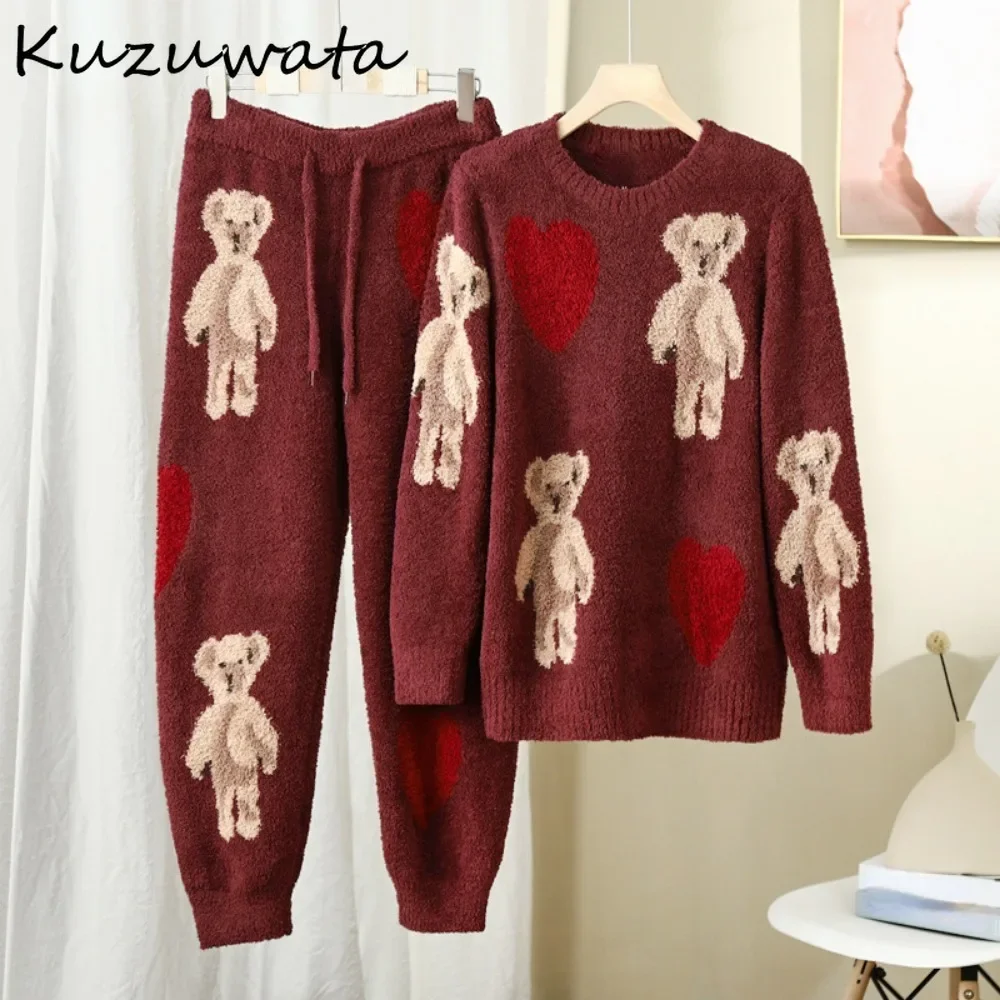 Kuzuwata Lovely O Neck Long Sleeve Velvet Winter Pajamas Cartoon Warm Print Love Bear Pajama Japan New Fashion Suits Sleepcoat