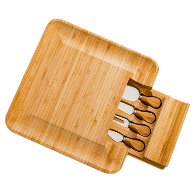 Bamboo Cheese Board Set With In Slide,Perfect Charcuterie Board And Serving Tray For Entertaining Or Gift Giving