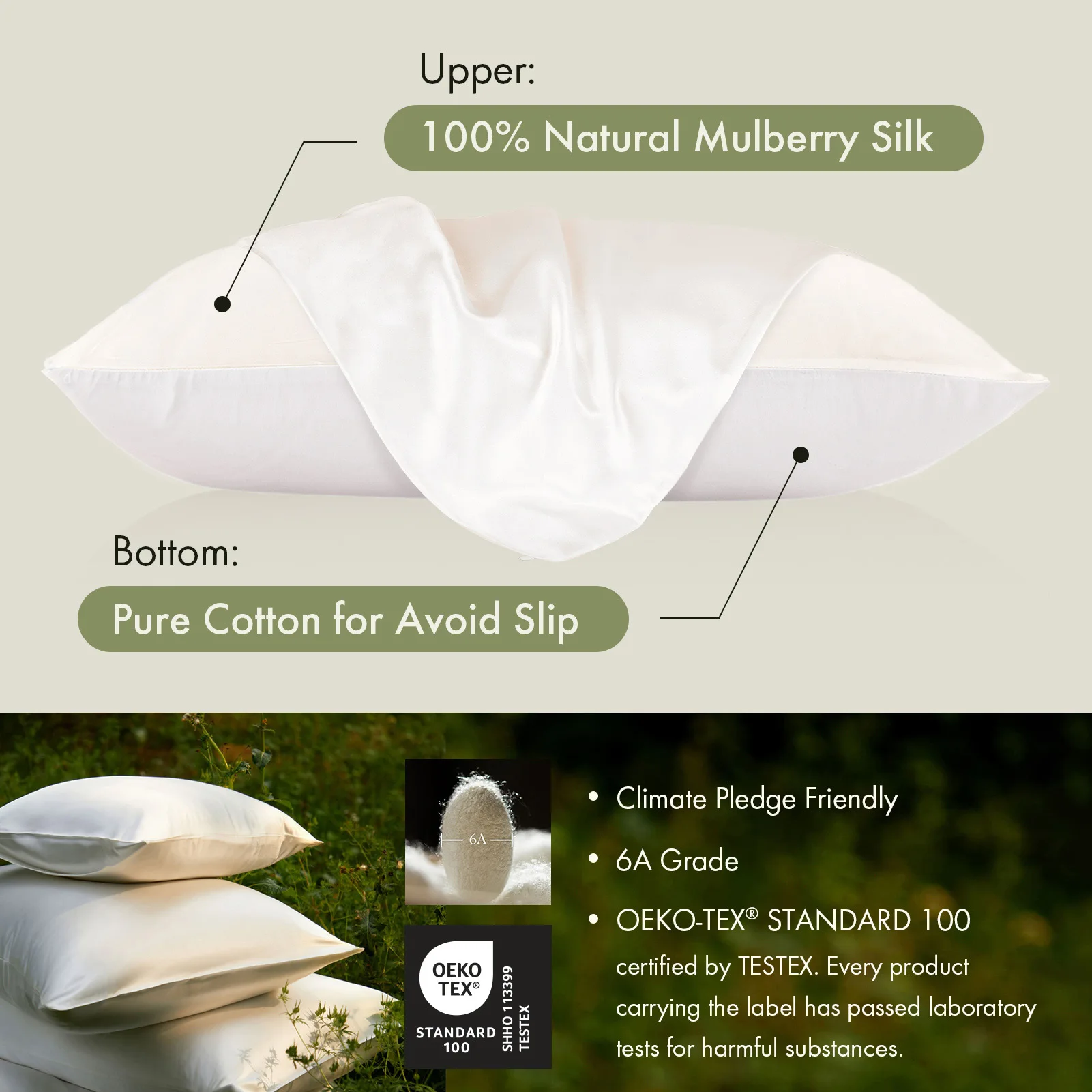 LILYSILK Silk Pillowcase with Cotton Underside for Anti-Slip Hidden Zipper Closure