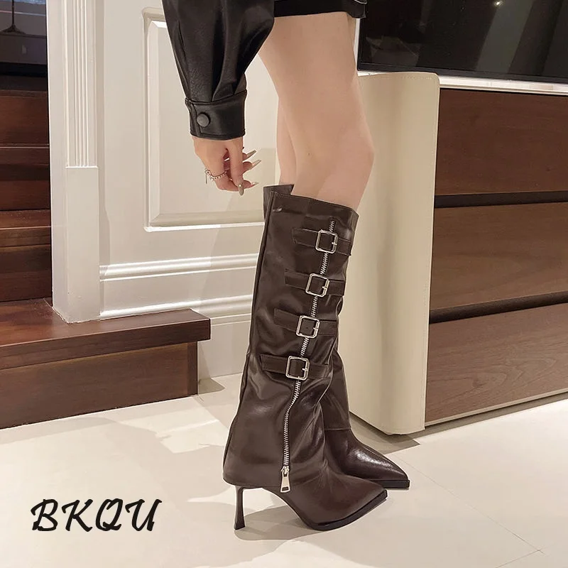 

BKQU Autumn and Winter New Pointed Belt Buckle Side Zipper Slim Heel High Heel Women Wear-resistant Trousers Knight High Boots