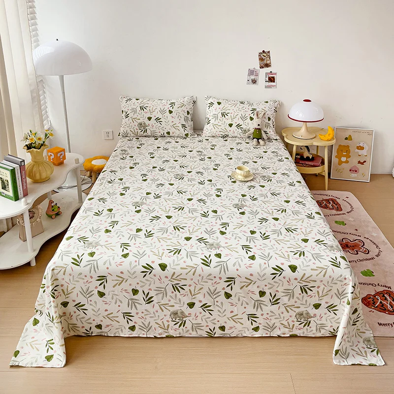 3pcs Green Plant Printed Bed Sheet Set, Children Student Cartoon Elephant Pattern Single Flat Sheet, Men Women Queen Bedding Set