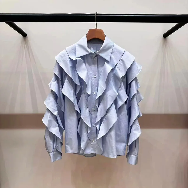 

【Подарок бесплатно】2026 Ранняя весна Модная однотонная рубашка с рюшами в стиле пэчворк и воротником-поло