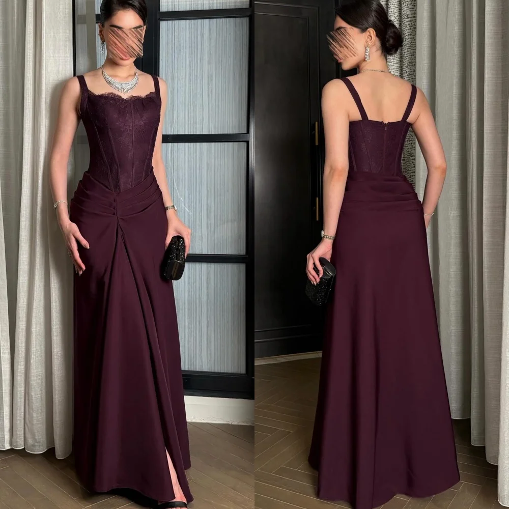 

Customized Modern Style Matching Jersey Lace Pleat Straight Spaghetti strap Long Dresses Bespoke Occasion Dresses High Quality