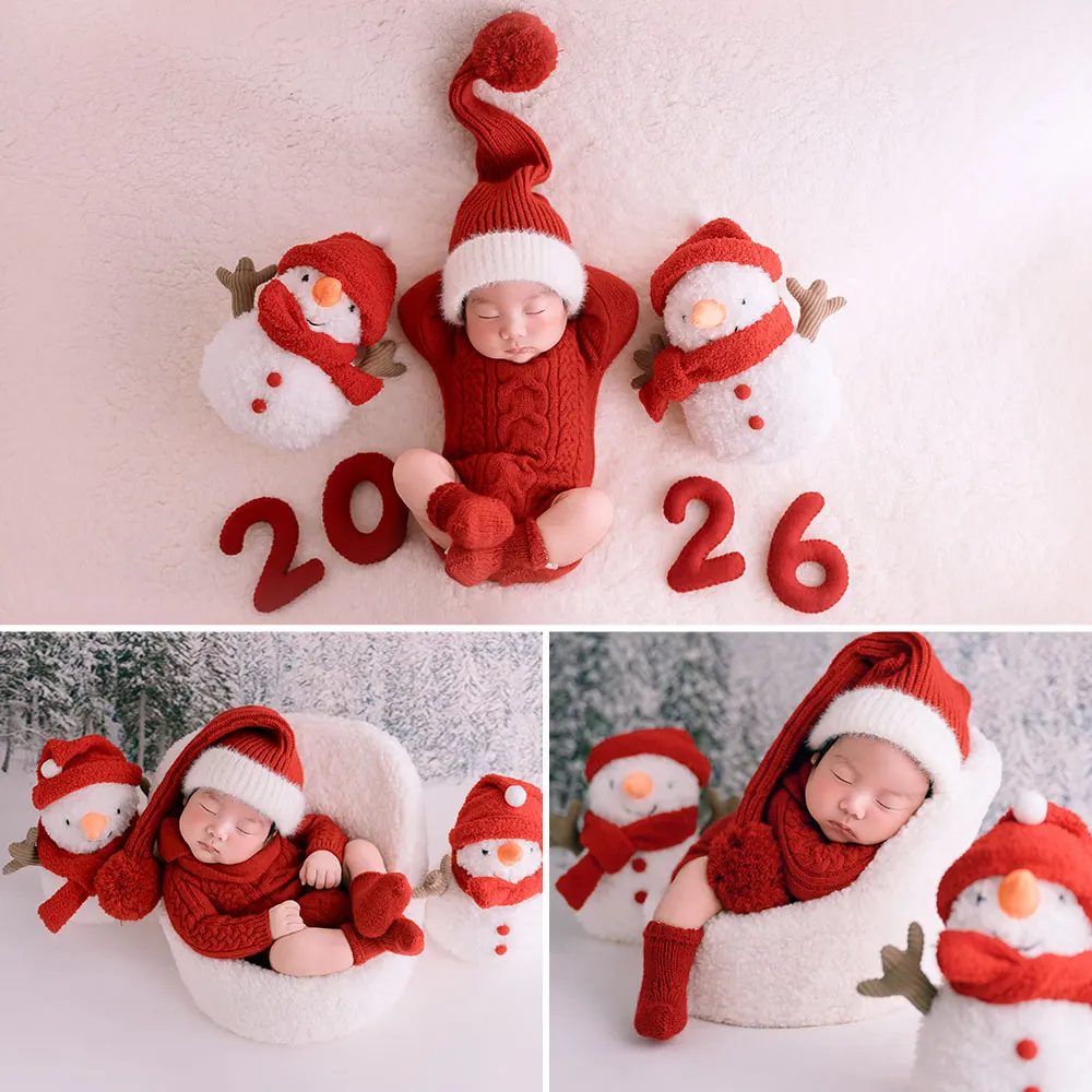 0-1 Month Santa Claus Knitted Costume Newborn Photography Props Christmas Theme Posing Photo Cosplay Outfits and Snowman Doll