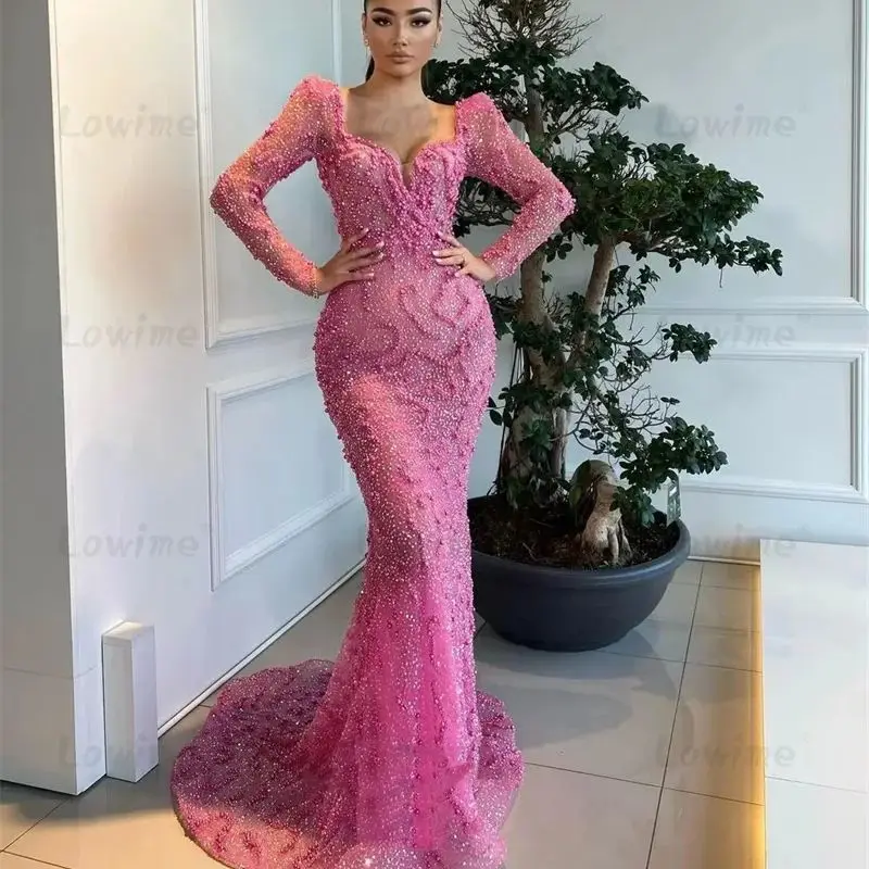 

Pink Pearls Mermaid Prom Dresses Long Sleeves Illusion Formal Evening Gowns Customize Robe De Soirée Arabic Wedding Party Dress