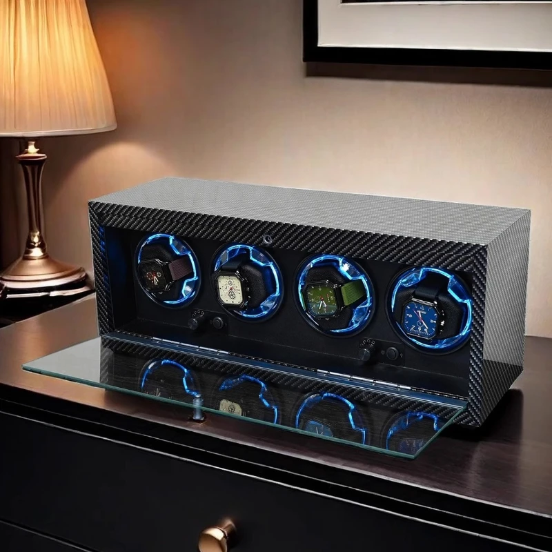 Automatic Watch Winder Mute Dustproof Watches Winders Luxury Carbon Fiber Color Mechanical Watch Winder Organizer LED Lights