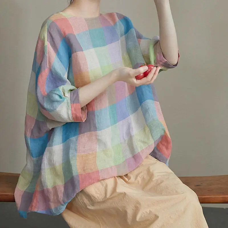 

New Arrival Spring Summer Arts Style Women Batwing Sleeve O-neck Casual Shirts Back Single Breasted Cotton Linen Plaid Blouse