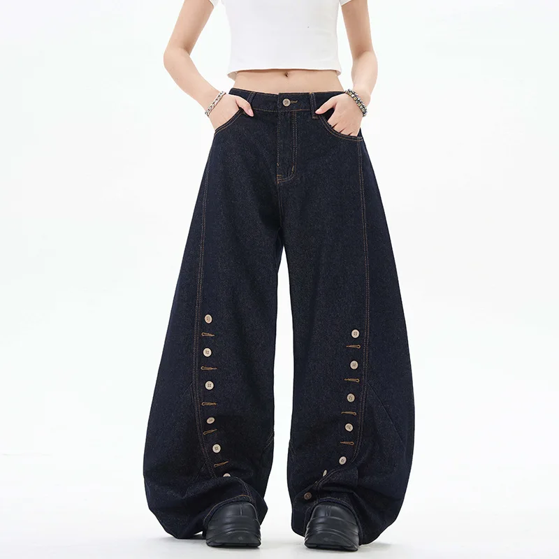 Y2K Wide Leg Jeans Women American Style Multi Breasted Design Curved Loose Casual Versatile Lazy Floor Pants