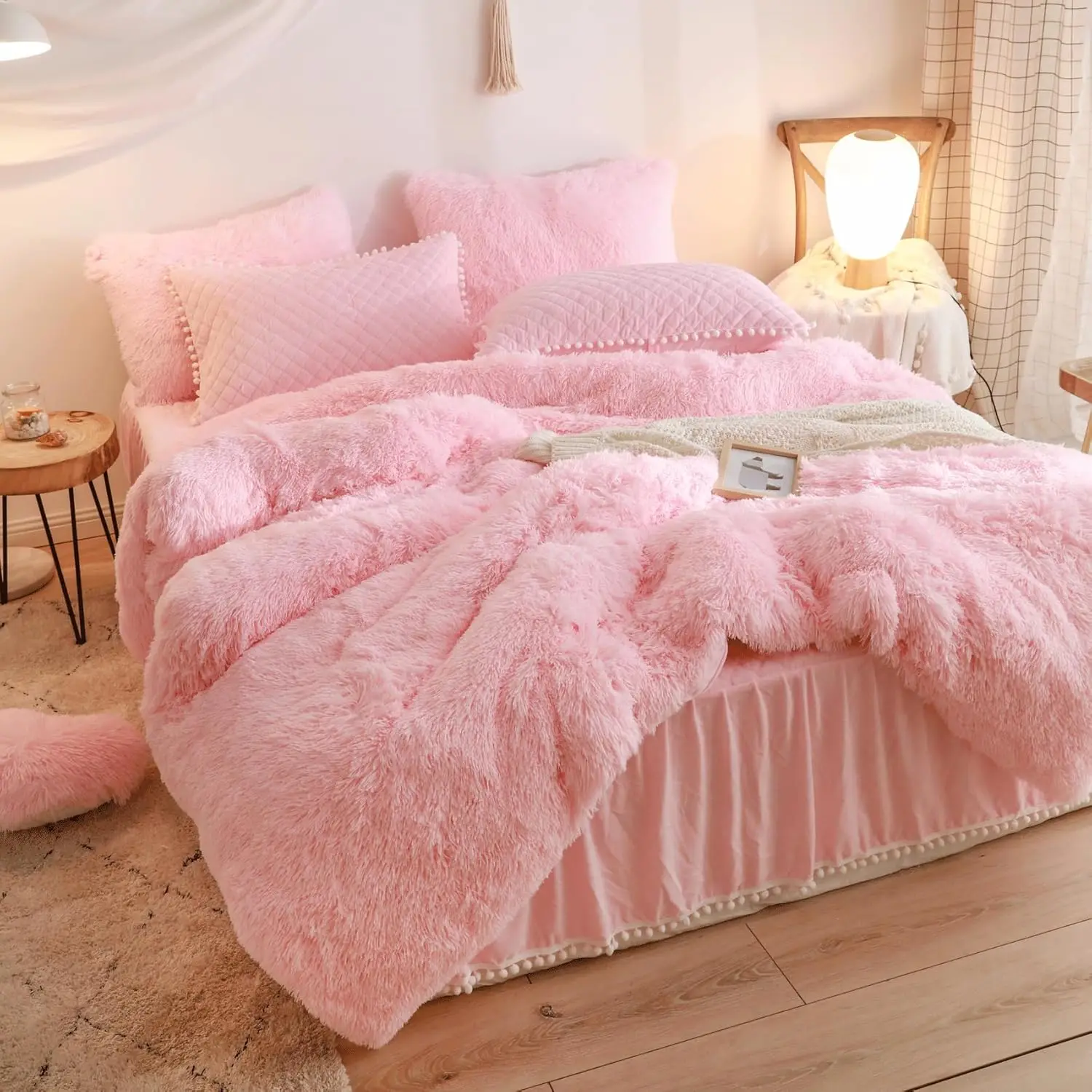 Soft Pink Furry Queen Bedding Set - 3 Piece Duvet Cover with Pillow Cases, Zipper Closure