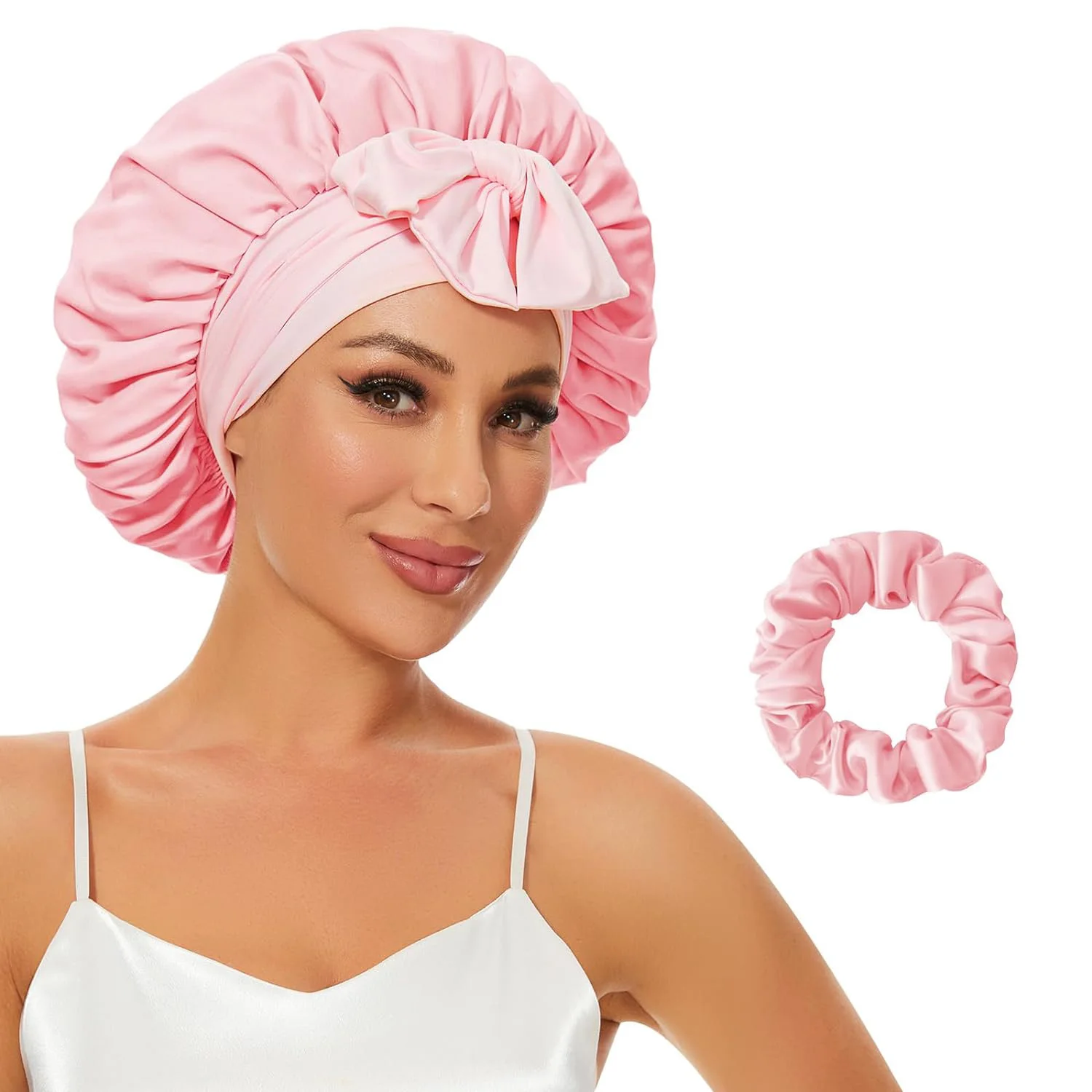 "Elegantes großes" 2-teiliges Set: verstellbare große Satin haube und passender Haar gummi-weiche, seidige Schlafmütze für Frauen – Detail 3