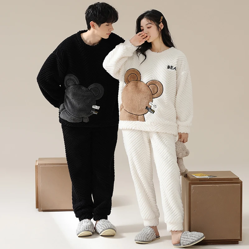 Newest Winter Couple Pajama Set Women Men Warm Sleepwear Thick Flannel Pyjamas