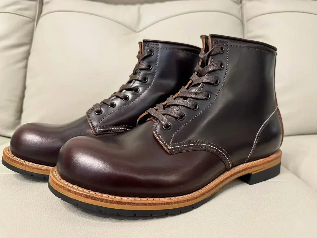 Wysokiej jakości męskie buty, szew Goodyear, skóra licowa bydlęca, okrągły nosek, koturny, botki, robocze buty motocyklowe.