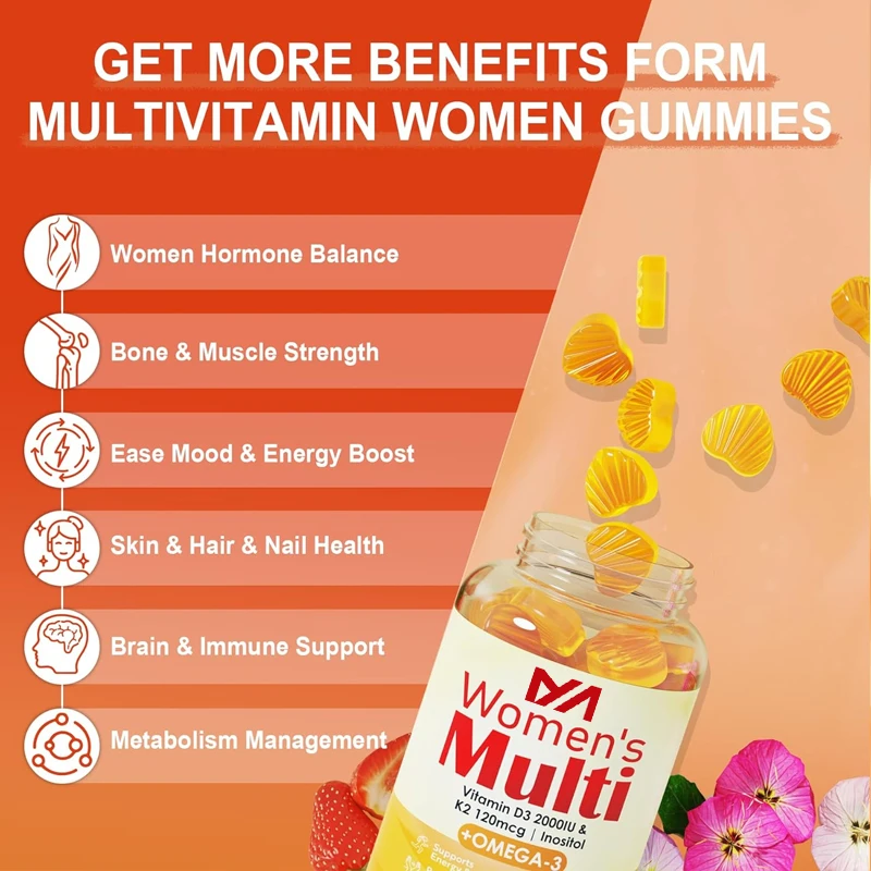 

Women's sugar free multivitamin gummies, containing vitamin D3+K2, Omega 3, Alage calcium, used for energy and immunity