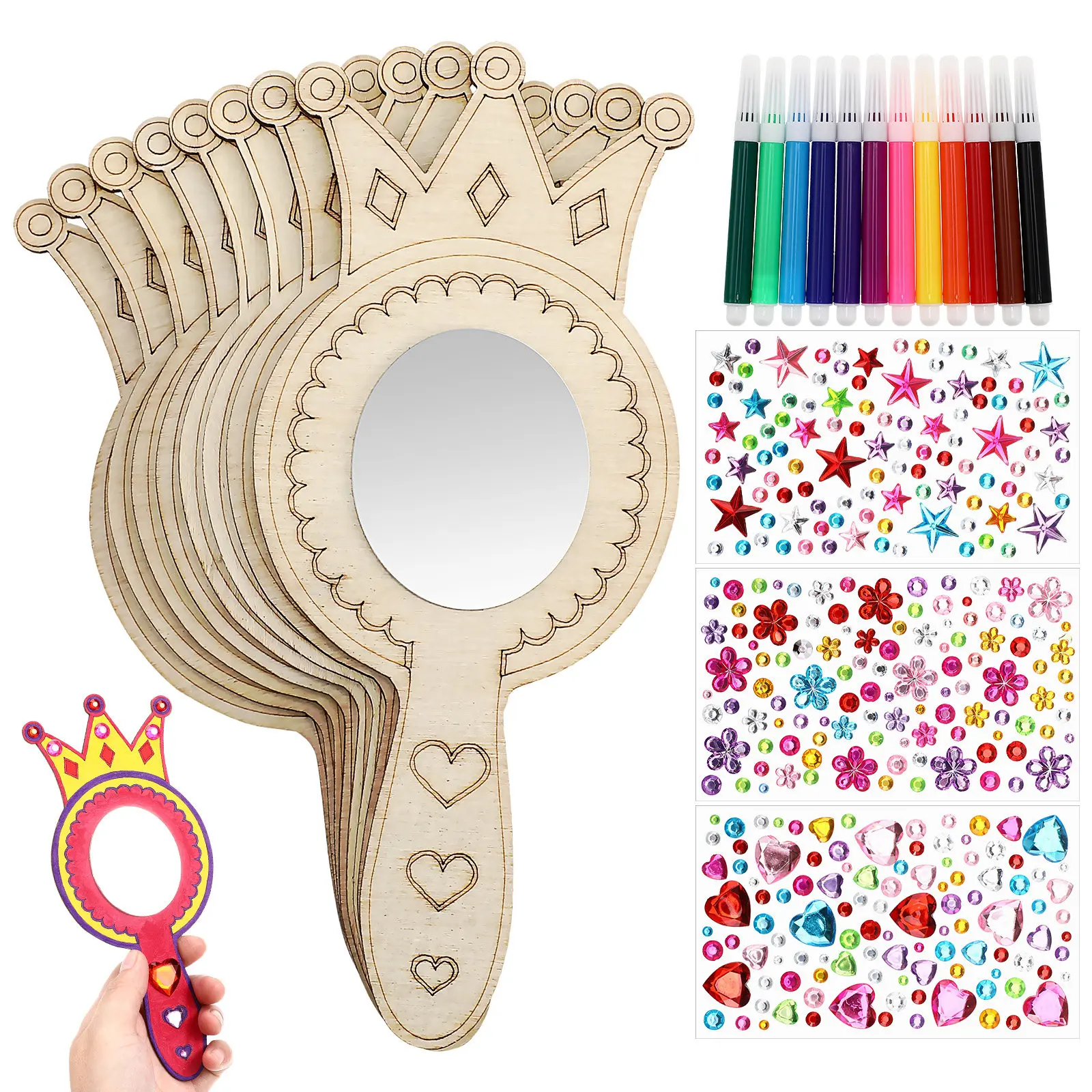

1Set Wood Mirror Painting Kit Unfinished Handheld Mirrors for Kids DIY Craft Rhinestone Stickers Princess Birthday Party