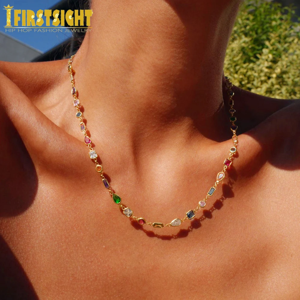 2025 New Fashion Gold Color Colorful Rainbow Charm Necklace Cubic Zirconia CZ Geometric Tennis Chain Choker Women Jewelry