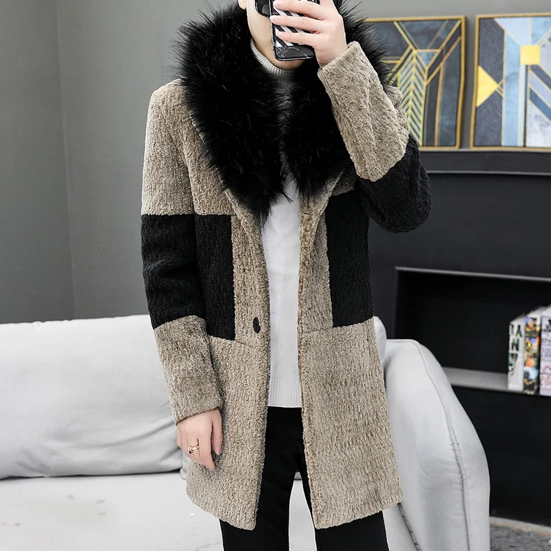 

Luxury Big Fur Collar Mens Winter Overcoats Slim Fit Velvet Plush Long Parka Jackets Warm Trench Coats 2024 Stylish Clothing New