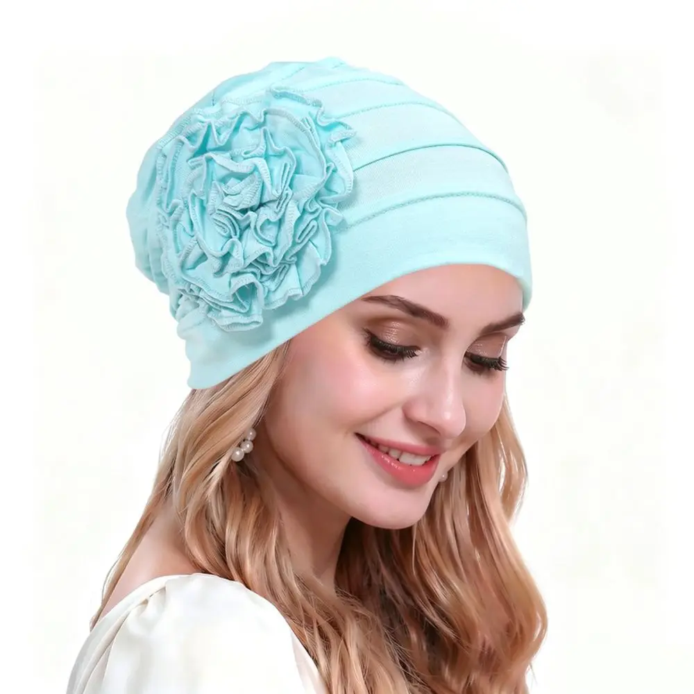 Women Turban Hat Side Flower Patchwork Soft Polyester Headwrap Breathable Casual Beanie Lightweight Daily Fashion Style