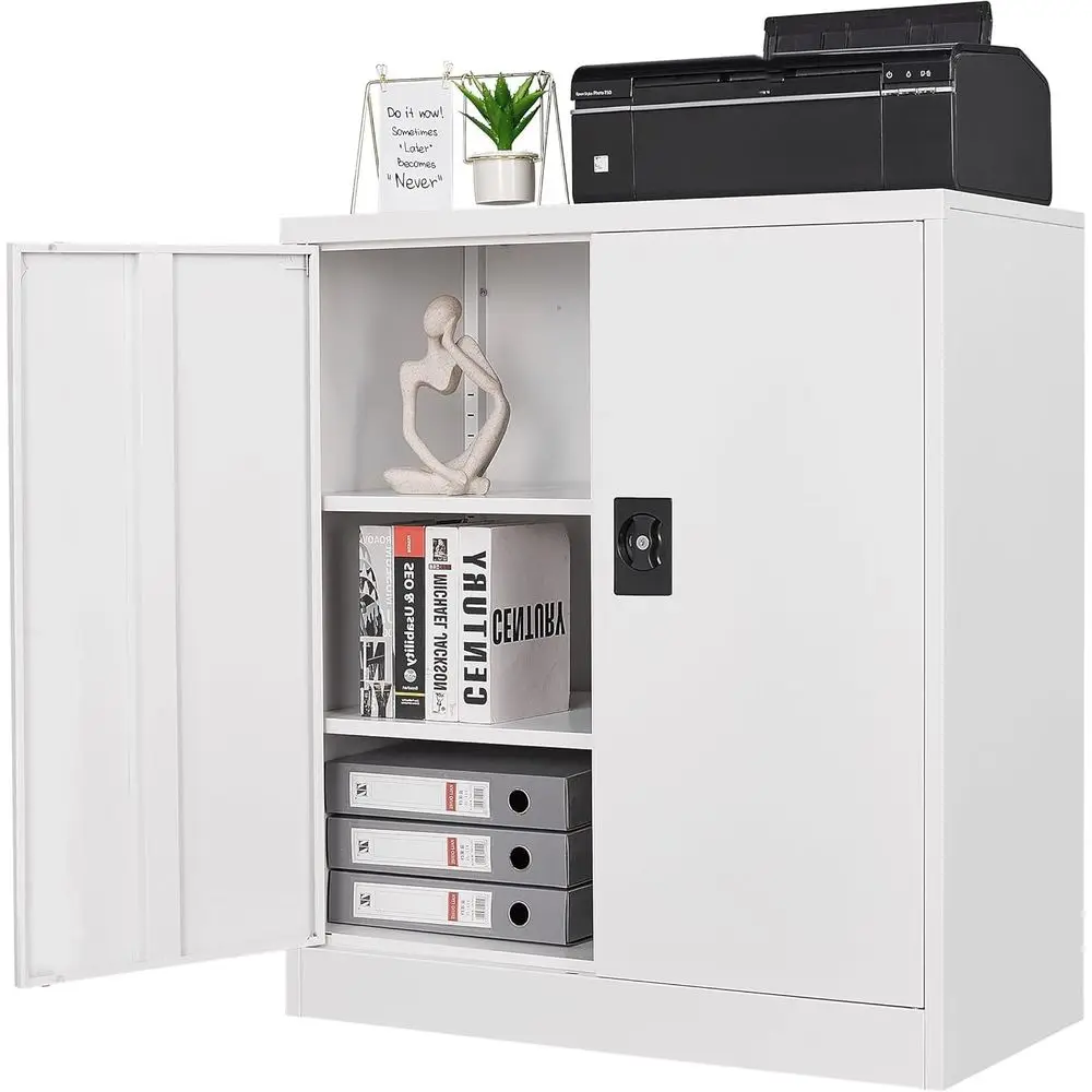 

White Metal Storage Cabinet with Lockable Door and 2 Adjustable Shelves for Home, Office, Warehouse, and Garage Use