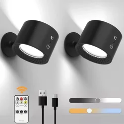 LED cabeça dupla lâmpada de parede com controle remoto, 360 ° Rotatable, USB Recharge, sem fio, portátil, Night Light para o quarto, lâmpada de leitura, Touch Control