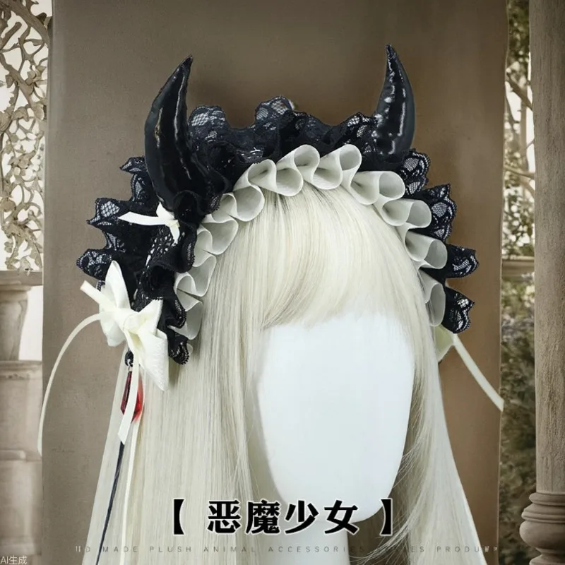 Demon Horn Dark Devil Gothic Dead Hair Lolita Multi-layer Lace Woman Headdress Halloween Black White Sister Hairband