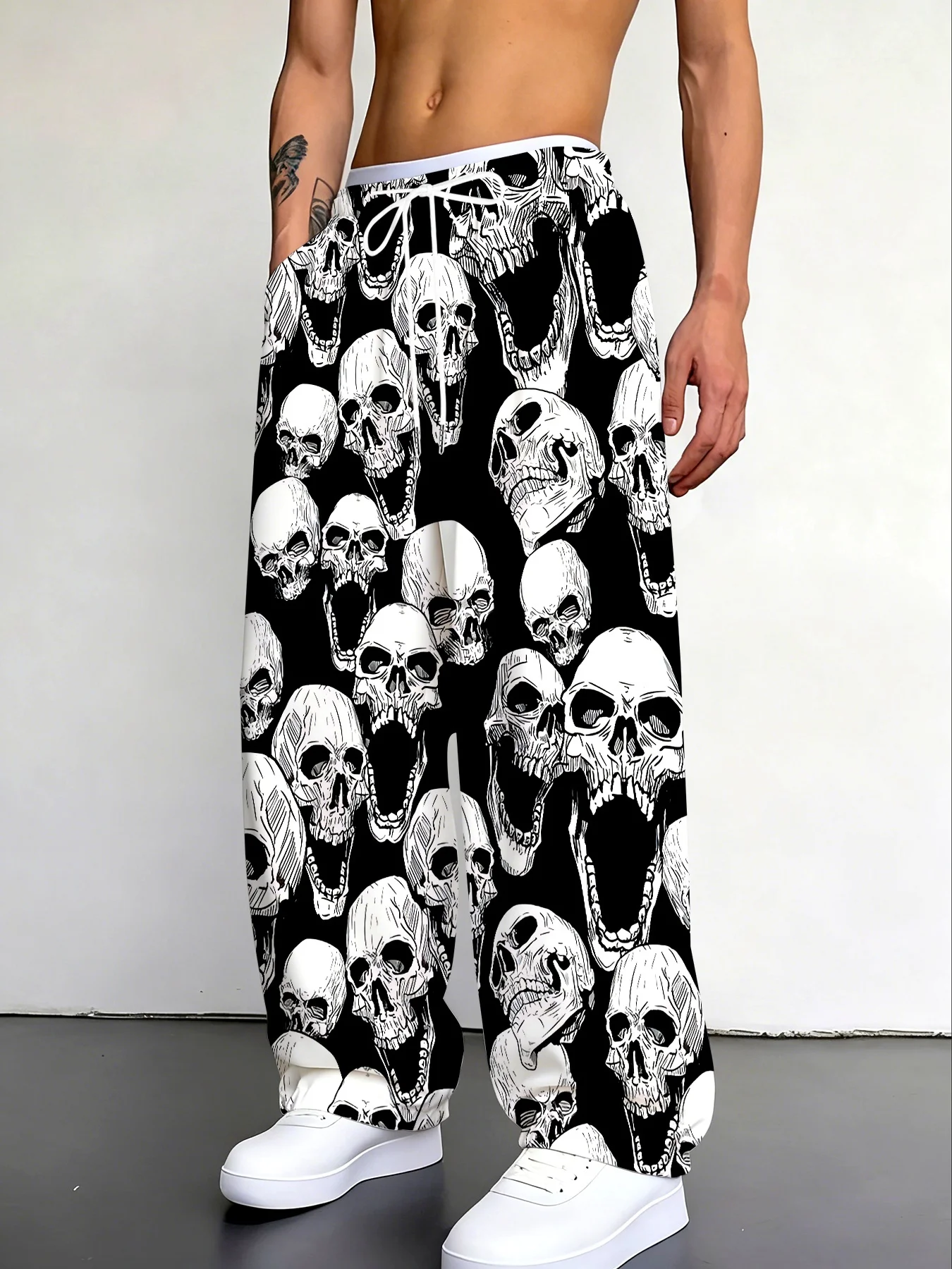 Adults Cool and Handsome Black Background White Skeleton Hand Drawn3D Printing Daily Commuting,travel Wearing Pants