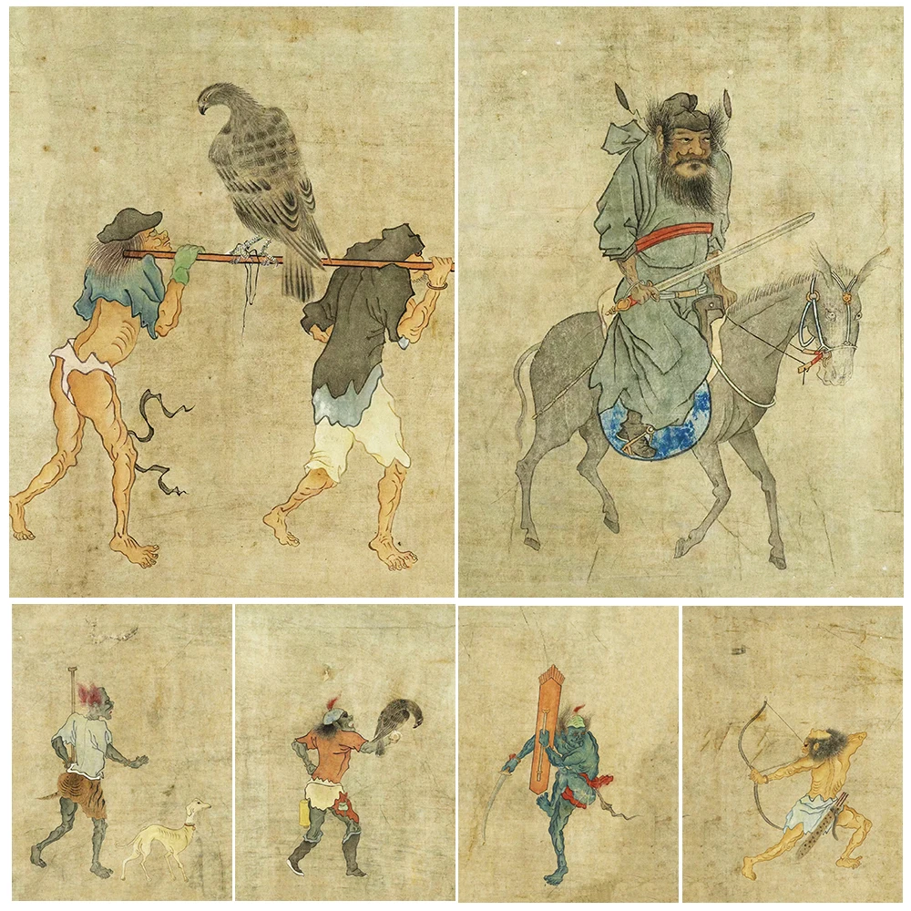 Zhong Kui And His Ghost Servants,Vintage Wall Art Canvas Painting,Taoist Deity Retro Art Poster And Print Home Decor Unframed