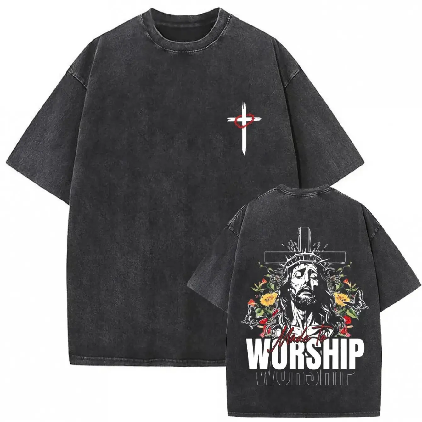 

Christian Faith Worship Jesus Religious T-Shirt Vintage Washed Black Oversized Tee Soft Cotton Church Apparel for Men Women