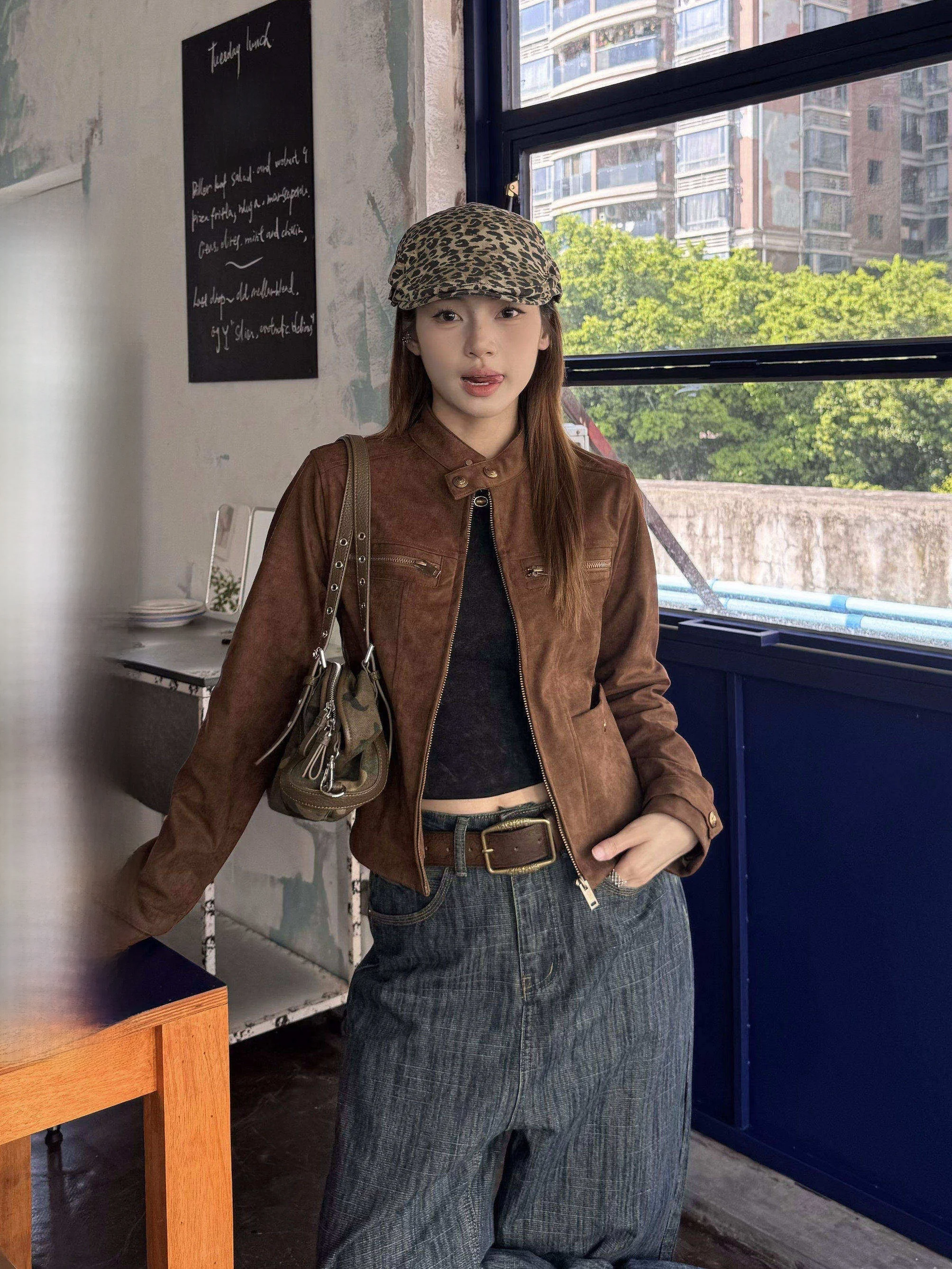 

Женская повседневная куртка XFX American Retro из замши с воротником-стойкой на молнии, верхняя одежда из полиэстера, осенний топ