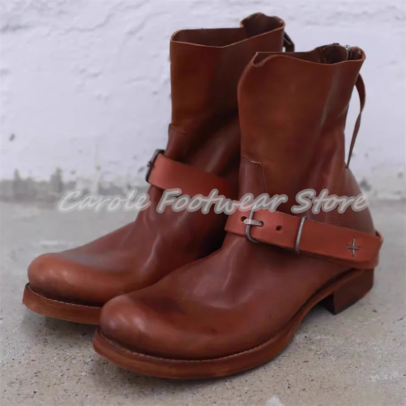 Male Rivet Belt Buckle Decor Chelsea Boots Retro Leather Chunky Heel Zipper Short Boots Outside Motorcycle Boots for Men