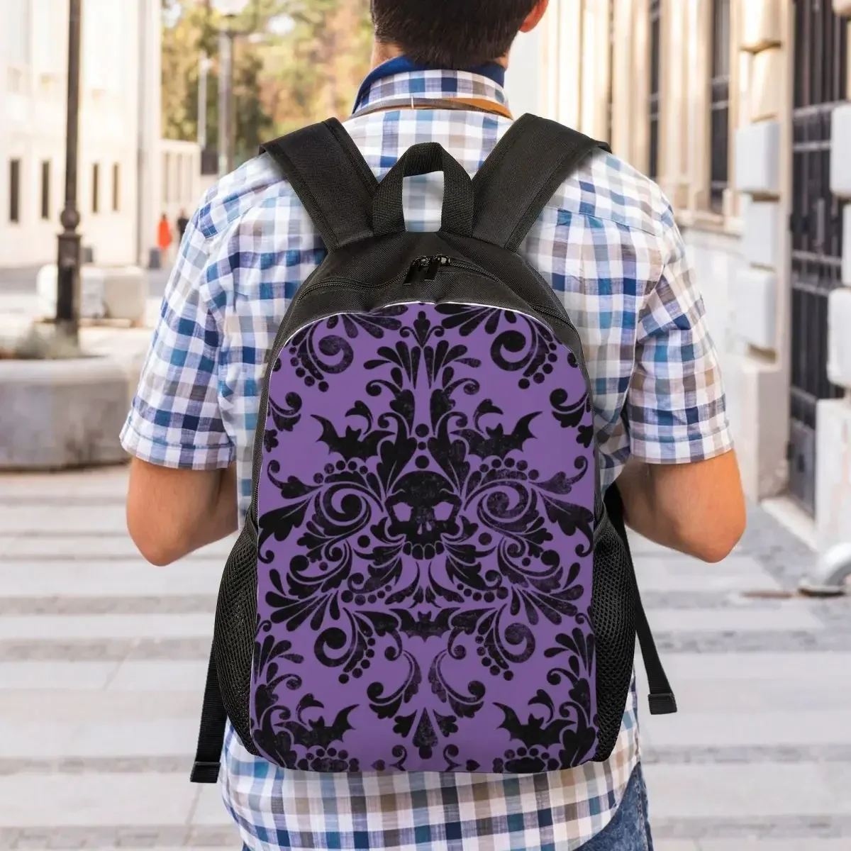 Skull Damask Pattern Travel Backpack Women Men School Laptop Bookbag Halloween Witch Goth Occult College Student Daypack Bags